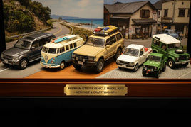 Premium utility vehicle model kits display with classic 4x4 and van scale models, MPM Hobbies.