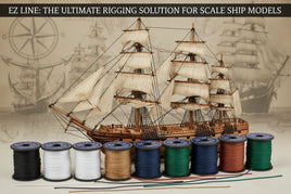EZ Line rigging thread spools in various colors in front of a detailed scale ship model for hobbyists
