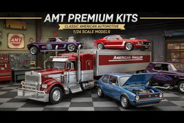 AMT Premium Kits 1/24 scale model cars and truck displayed in a garage setting at MPM Hobbies