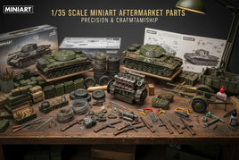 1/35 scale Miniart model tanks and aftermarket parts on workbench, military hobby accessories display