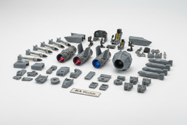 1/32 scale KA Models aircraft aftermarket resin parts including F-15 F/A-18 F-35 exhaust nozzles, AIM-9 Sidewinder missiles, Mk-82 bombs and detail-up parts on white background