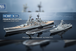 Premium 1/350 scale Hobby Boss naval model ships including battleships, submarines, and gunboats with detailed deck features and authentic military designs