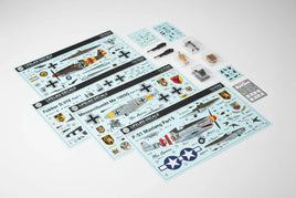 1/32 scale Lifelike Decals aircraft decal sheets with authentic WWI and WWII markings for Fokker D.VII, Me 109 and P-51 Mustang including squadron insignia and national markings on white background