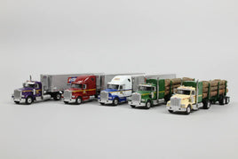 Assorted model semi trucks and log haulers displayed on white background, MPM Hobbies collection