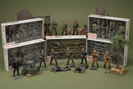 Assortment of military model figure kits and assembled WWII soldier miniatures with accessories