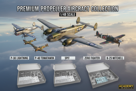 Academy Models 1/48 scale WWII propeller aircraft collection featuring P-38 Lightning, P-40 Tomahawk, Spitfire, Zero Fighter and B-25 Mitchell in authentic military markings with museum-quality detail for scale modeling enthusiasts