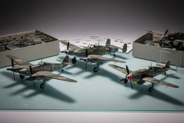 1/72 scale Dragon Models WWII propeller aircraft kits display featuring Heinkel He219, Dornier Do 335, Focke-Wulf Fw190D-9 with detailed panel lines