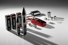 Estes model rocket engines, launch controller, and accessories on white surface, MPM Hobbies