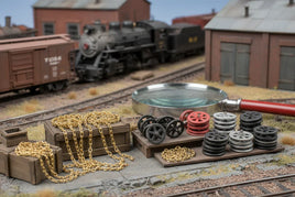 HO scale model train yard scene with gold chains, pulleys, crates, magnifier, and steam locomotive