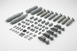 1/32 scale Flying Leathernecks aircraft weapons and ordnance including AV-8B Harrier pylons, LAU missile launchers, Mk-82/83/84 bombs and GBU-32 JDAM resin parts on white background