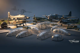 Model aircraft and clear plastic canopies on display, Falcon Canopies, MPM Hobbies collection