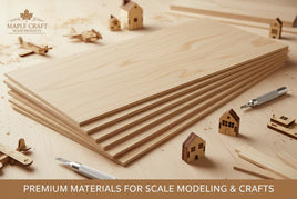Maple Craft wood sheets for scale modeling with mini houses, model planes, and hobby tools on table