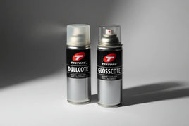 Testors Dullcote and Glosscote lacquer clear coat spray cans for scale models on a gray background