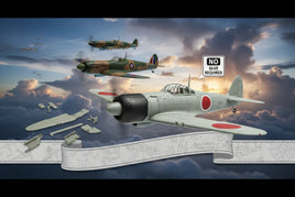 No-glue WWII model airplane kits with assembly parts, sunset sky background, MPM Hobbies