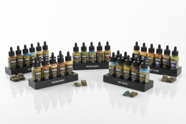 MIG acrylic paint sets for model kits labeled Russian Greens and RAF Colors with small scale tanks, available at MPM Hobbies.