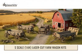 S scale 1:64 laser-cut farm wagon kits displayed by red barn and wheat field at MPM Hobbies