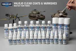 Vallejo clear coats and varnishes for scale models, paints shown with tanks and airplane models.