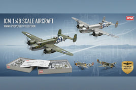 ICM 1:48 scale WWII aircraft model kits with assembled planes and box at MPM Hobbies