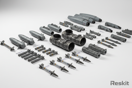 1/32 scale Reskit 3D printed aircraft aftermarket resin parts including F-14 Tomcat exhaust nozzles, F/A-18 fuel tanks, AIM-9 Sidewinder missiles and gun pods on white background