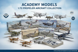 Academy Models 1/72 propeller aircraft model kit collection with assembled planes and product boxes
