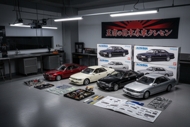 Premium 1/24 scale Aoshima Japanese car model kits featuring Nissan Laurel Crown Cefiro with detailed parts and authentic automotive styling in professional display