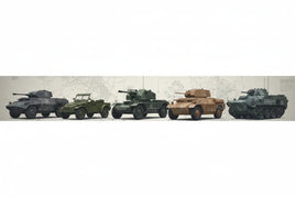 Lineup of five military vehicle scale models in various colors on a map background at MPM Hobbies