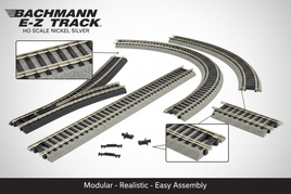 HO scale Bachmann E-Z Track nickel silver rail system featuring straight and curved sections, turnouts with integrated ballast roadbed, black and concrete ties, showing snap-together modular track construction