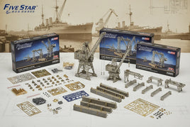 Five Star 1/700 scale shipyard crane model kits with detailed components and boxes, MPM Hobbies