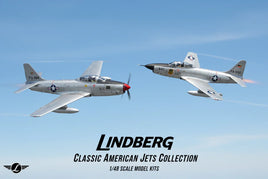 Two classic American jet model airplanes in flight, Lindberg 1/48 scale model kits collection.