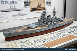 Border Model premium 1:350 scale IJN Yamato battleship model kit with parts and blueprints on display at MPM Hobbies.