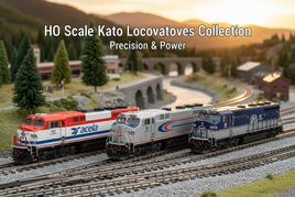 HO scale Kato model locomotives featuring Amtrak P42 Genesis diesel engines in multiple paint schemes on realistic track scenery