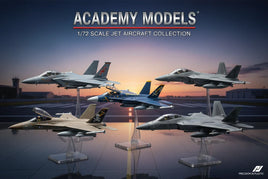 Academy Models 1/72 scale jet aircraft collection displayed on stands with airport background, MPM Hobbies