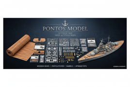 Premium 1/350 Pontos Model wooden deck sets and detail-up accessories for German warship models including Bismarck, Tirpitz, Graf Spee, and Prinz Eugen