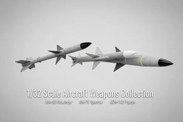1/32 scale aircraft weapons models, including AIM-9B Sidewinder, AIM-7E Sparrow, AGM-142 Popeye, on gray background, MPM Hobbies