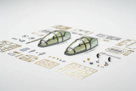 1/32 scale AFV Club Have Glass II anti-reflective canopy aftermarket parts for F-117A Nighthawk and A-10A Thunderbolt II aircraft with clear resin detail components on white background