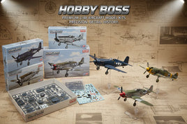 Hobby Boss 1/48 scale aircraft model kits with assembled planes and parts displayed on a vintage aviation background.