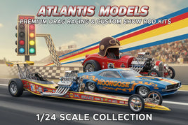 Atlantis Models drag racing and custom car kits 1/24 scale, featuring vintage show rods and race cars at a drag strip, MPM Hobbies collection.