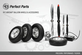 Perfect Parts radio control aircraft wheels collection featuring balloon and streamline designs with metal hubs and treaded rubber tires in multiple sizes for RC planes