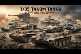 1/35 Takom tank model kits with realistic military tanks in battle scene, MPM Hobbies
