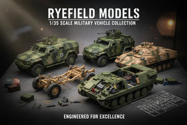 Ryefield Models 1/35 scale military vehicle plastic model kits on display at MPM Hobbies.
