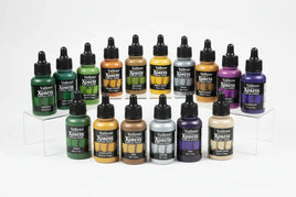 Vallejo Xpress Color model paint bottles in various colors, arranged on clear display stands.