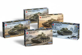 World War II tank model kits, including German Panzer, British Daimler, Crusader IV, and Soviet SU-76M, displayed in 1/100 scale boxes on white background from MPM Hobbies.