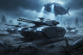 Futuristic battle tanks and airborne carrier in a dark, stormy sci-fi war zone, MPM Hobbies