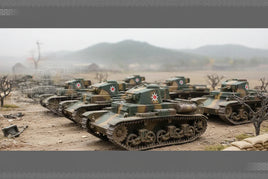 Row of camouflaged scale model tanks with star insignia, displayed in a diorama landscape at MPM Hobbies.