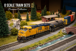 CSX ES44 diesel locomotive in safety yellow and blue livery leading O scale train set with freight cars on detailed track with realistic scenery and ballast