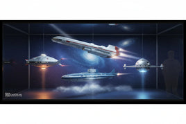 Model sci-fi spaceships and submarine displayed in a space-themed MPM Hobbies diorama