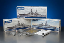 Academy 1/350 scale model warship kits, USS Indianapolis, HMS Warspite, with parts and instructions