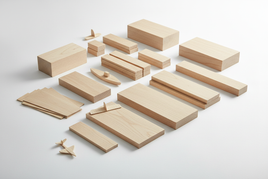 Assorted balsa wood blocks and sheets for hobby model building on white background from MPM Hobbies