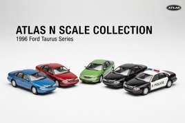 N scale Atlas 1996 Ford Taurus die-cast vehicles in multiple metallic colors including police and taxi versions for model railroads