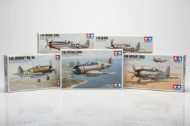 Tamiya 1/48 WWII propeller aircraft model kit boxes: P-51 Mustang, Spitfire, Zero, Fw 190, Lancaster, Mosquito on white